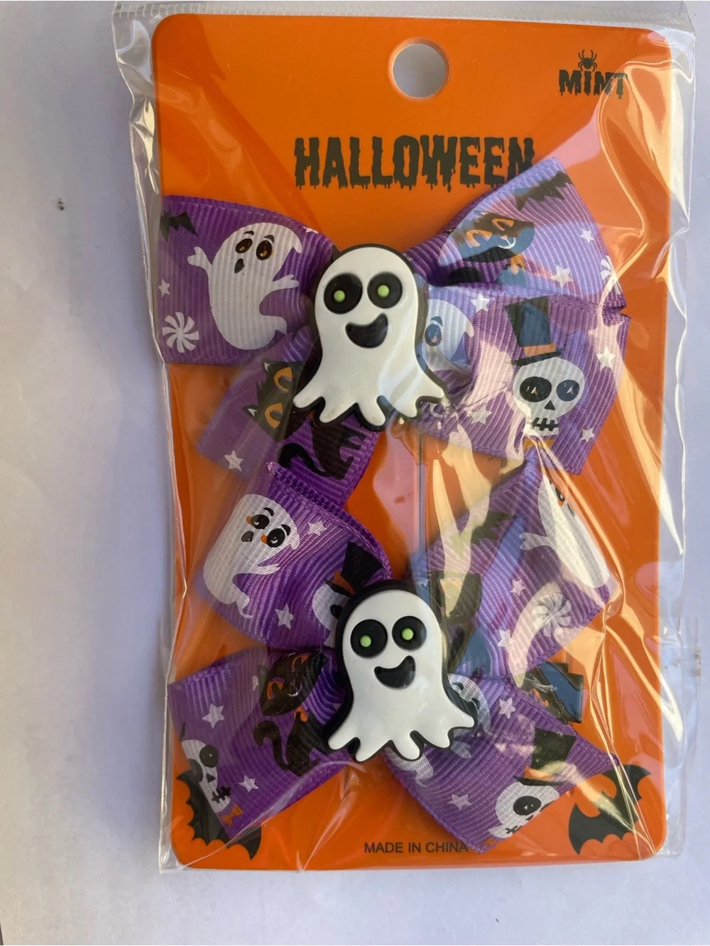Mint Purple Halloween Ghost Bow Clips with White Ghost Charms